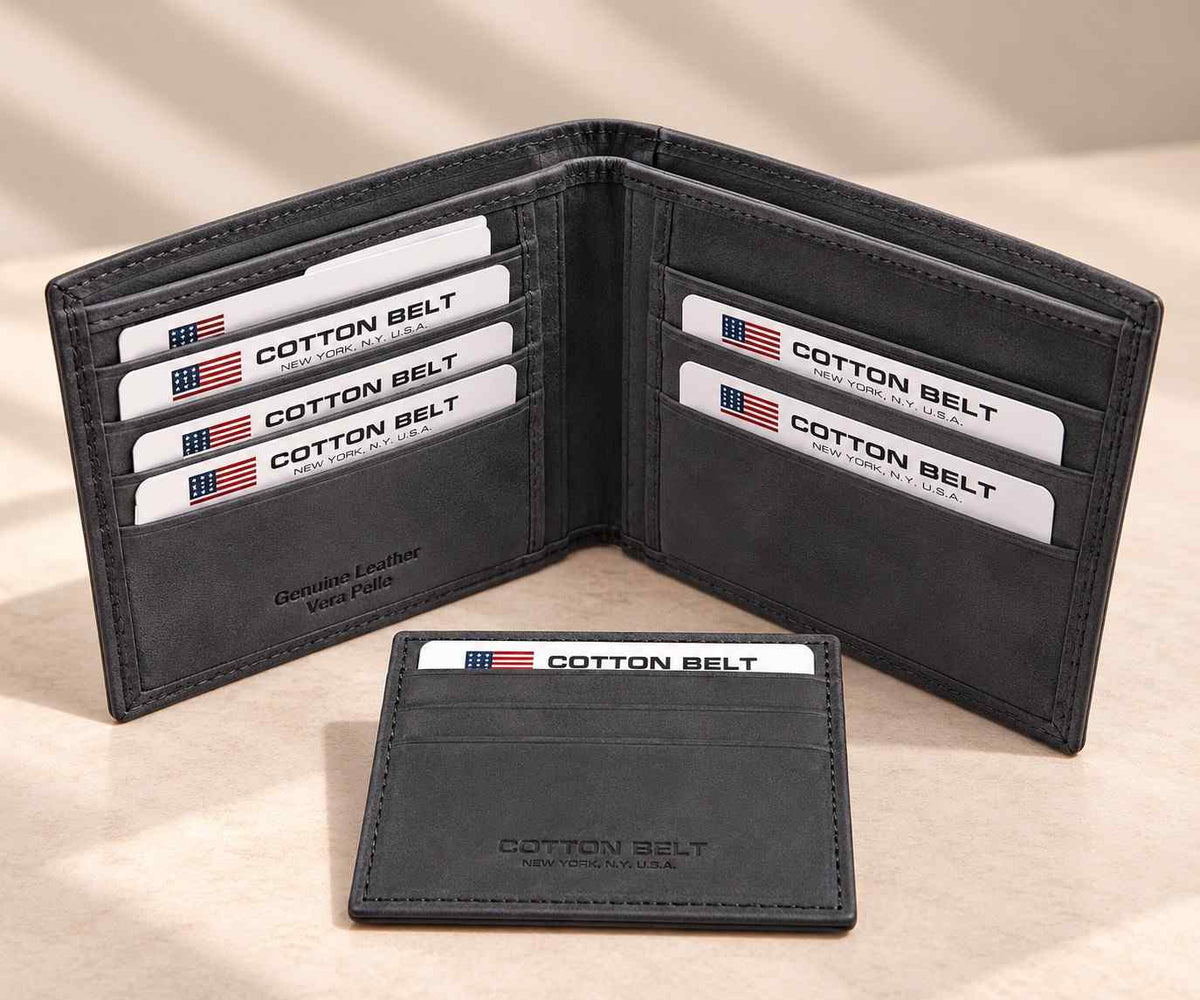 Charcoal grey nubuck bifold with its card holder, cards stacked in both panels