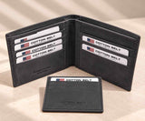 Charcoal grey nubuck bifold with its card holder, cards stacked in both panels