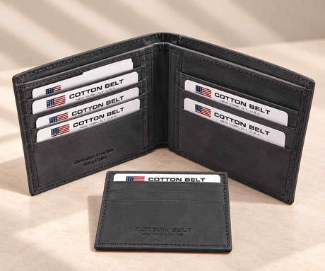 Charcoal grey nubuck bifold with its card holder, cards stacked in both panels