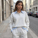 Oatmeal marl collared sweatshirt and drawstring joggers with blue shirt trim