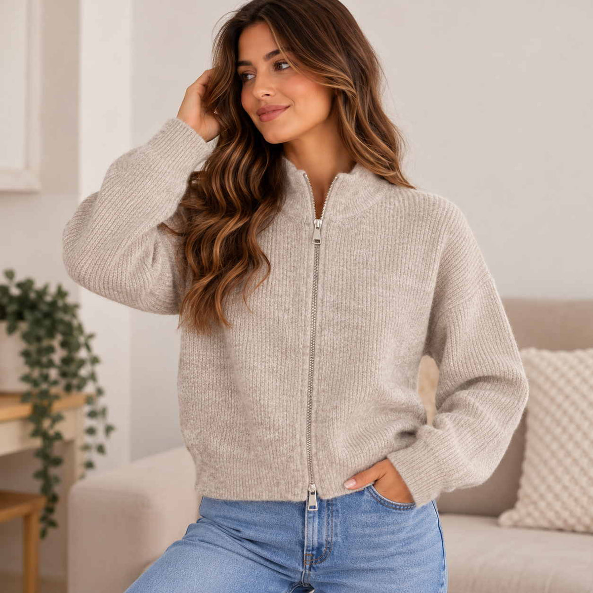 Woman in a heathered oatmeal zip up knit cardigan with a funnel neck sitting on a sofa