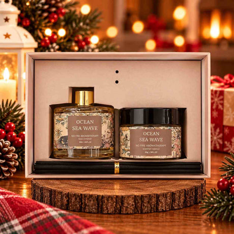 Ocean sea wave reed diffuser and scented candle with black reed sticks in a cream gift box
