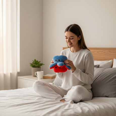 Woman sitting on a bed holding the blue and red octopus plush