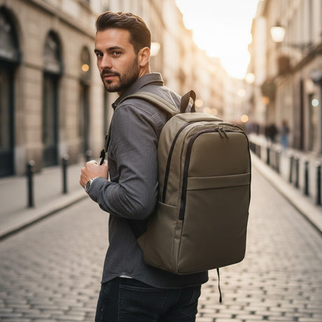 A man wearing a grey long-sleeve shirt and dark jeans carries a large olive backpack on his back while standing on a cobblestone street