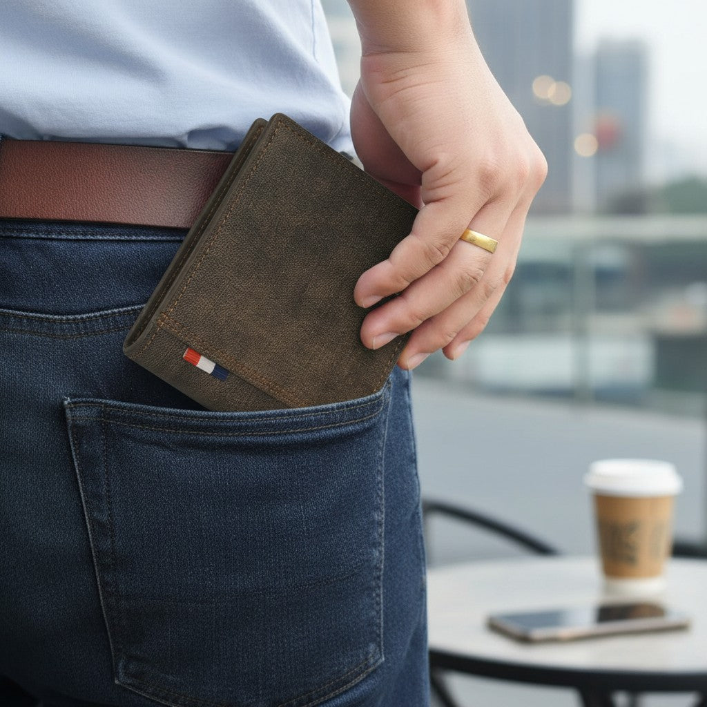Man sliding olive canvas bifold wallet into a back jeans pocket