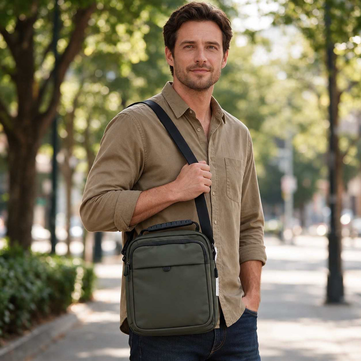 Man in a khaki shirt wearing an olive crossbody bag with a zip front pocket on a tree lined street