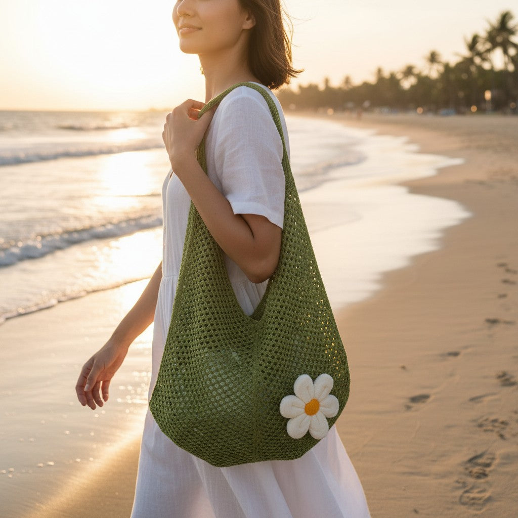 Olive green daisy crochet beach bag, handmade open weave tote, Jack Gifts Online Lebanon