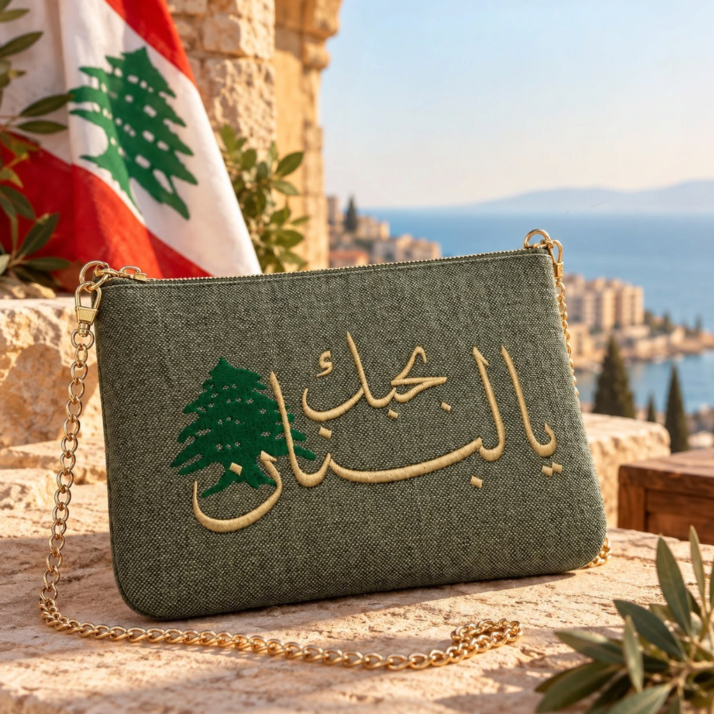 Handmade olive green pouch with gold Arabic I love you Lebanon embroidery and a green cedar, with the Lebanese flag behind