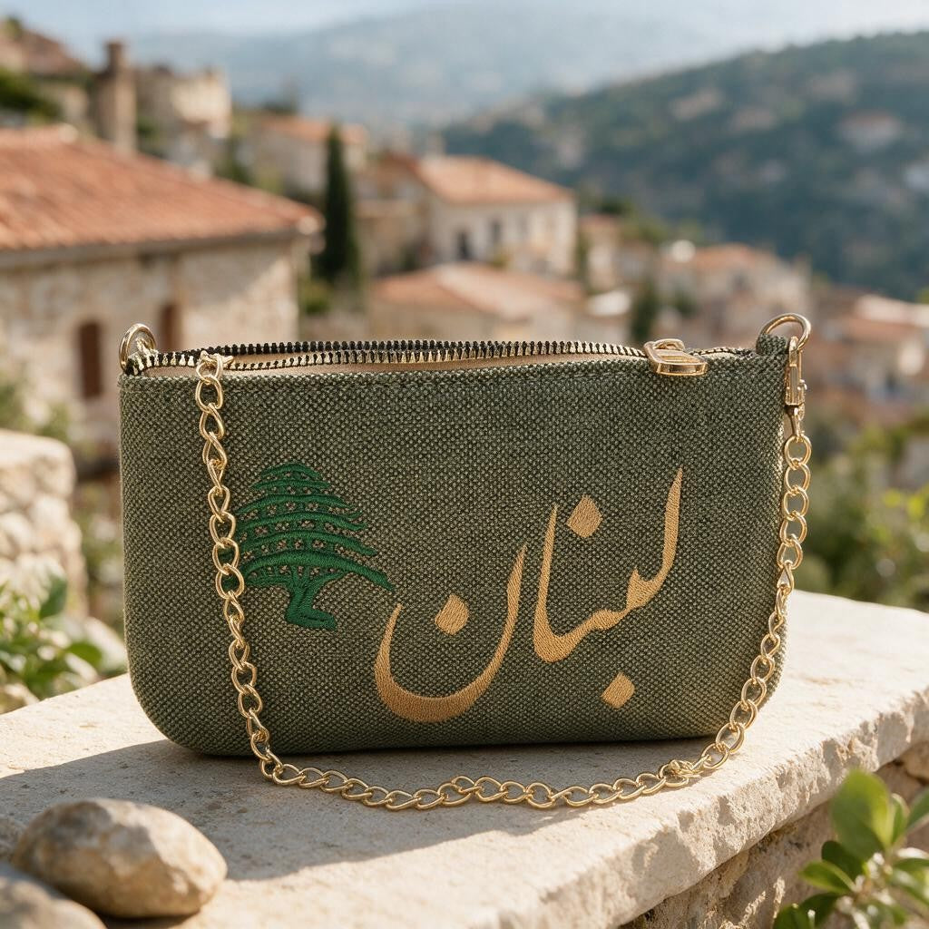 Olive green zip pouch on a stone ledge, chain looped over the front, red tiled village roofs and hills behind