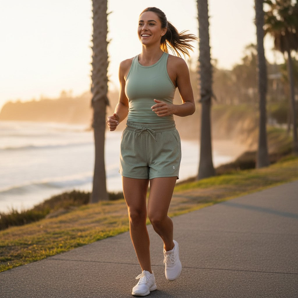 Woman running along a path by a waterfront with palm trees in the background.