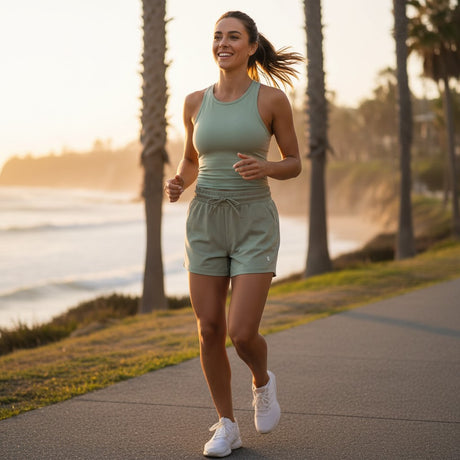 Woman running along a path by a waterfront with palm trees in the background.