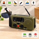 Radio feature chart showing the hand crank, solar panel, flashlight, USB charging and size
