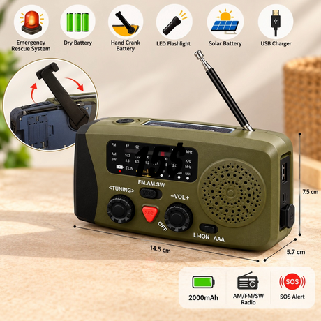 Radio feature chart showing the hand crank, solar panel, flashlight, USB charging and size