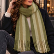 Olive green blanket scarf with cream and gold stripes and long twisted tassels