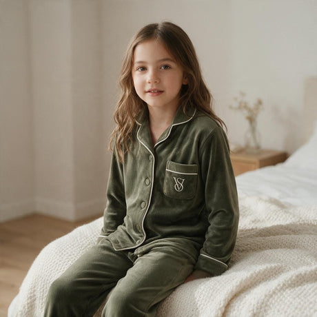 Girl sitting on a bed in olive green velvet pyjamas showing the embroidered chest pocket