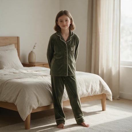 Girl standing barefoot in an olive green velvet pyjama set with pink piping beside a bed