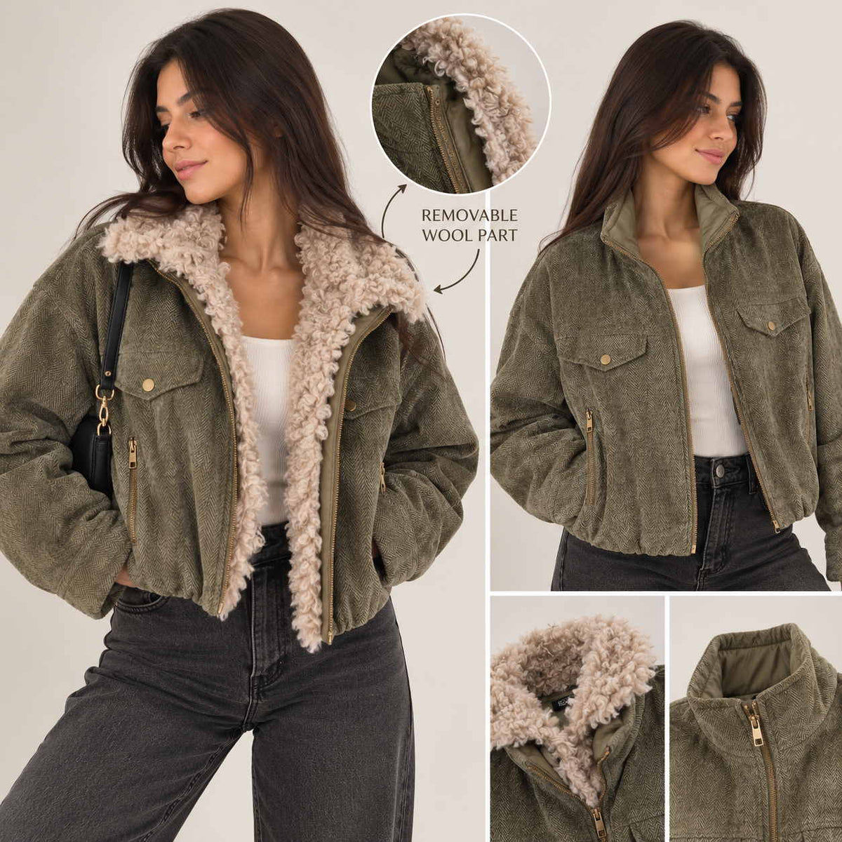 Olive herringbone jacket with and without its removable sherpa collar, plus collar close ups