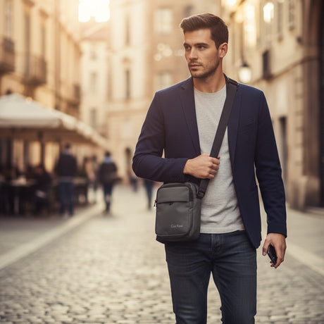 Man walking down a street with an olive  shoulder bag in an urban setting