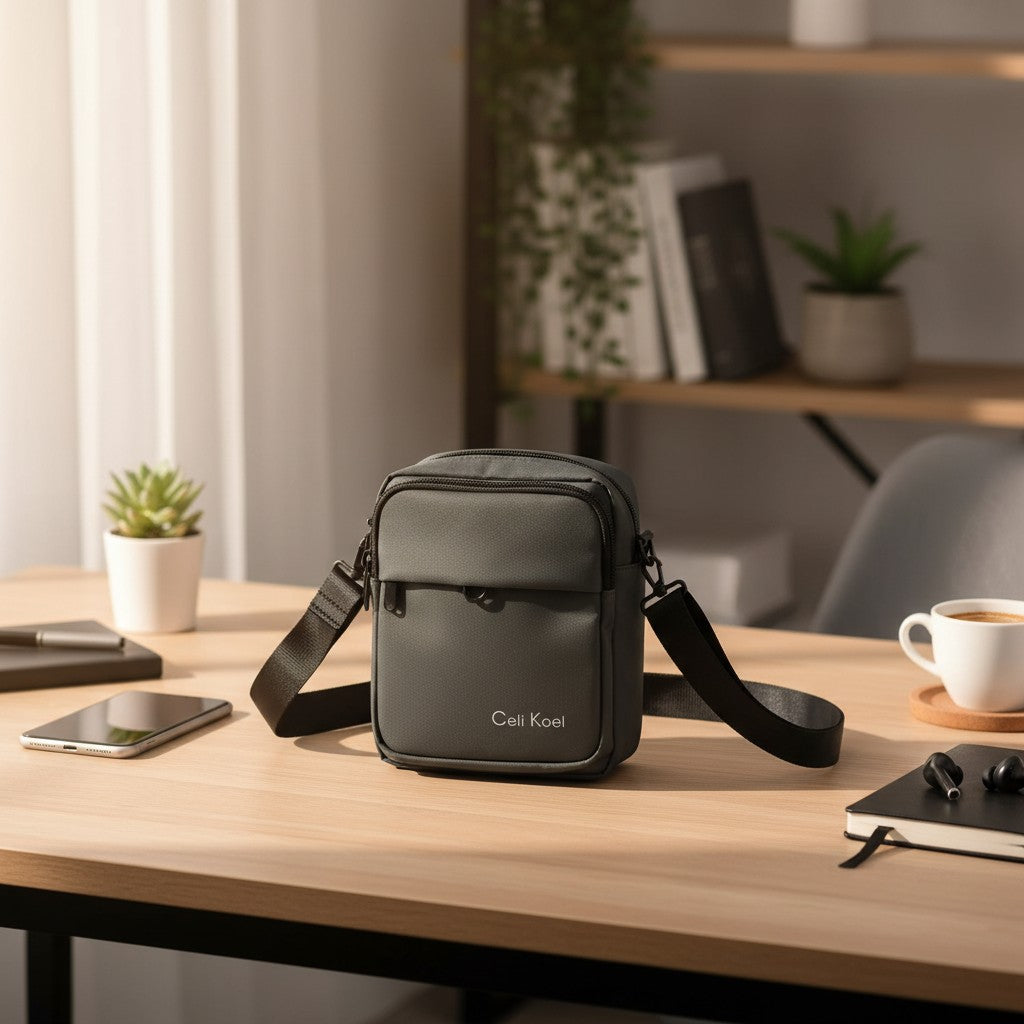 Olive mini bag on a wooden table with a blurred background