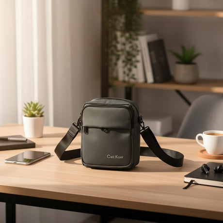 Olive mini bag on a wooden table with a blurred background