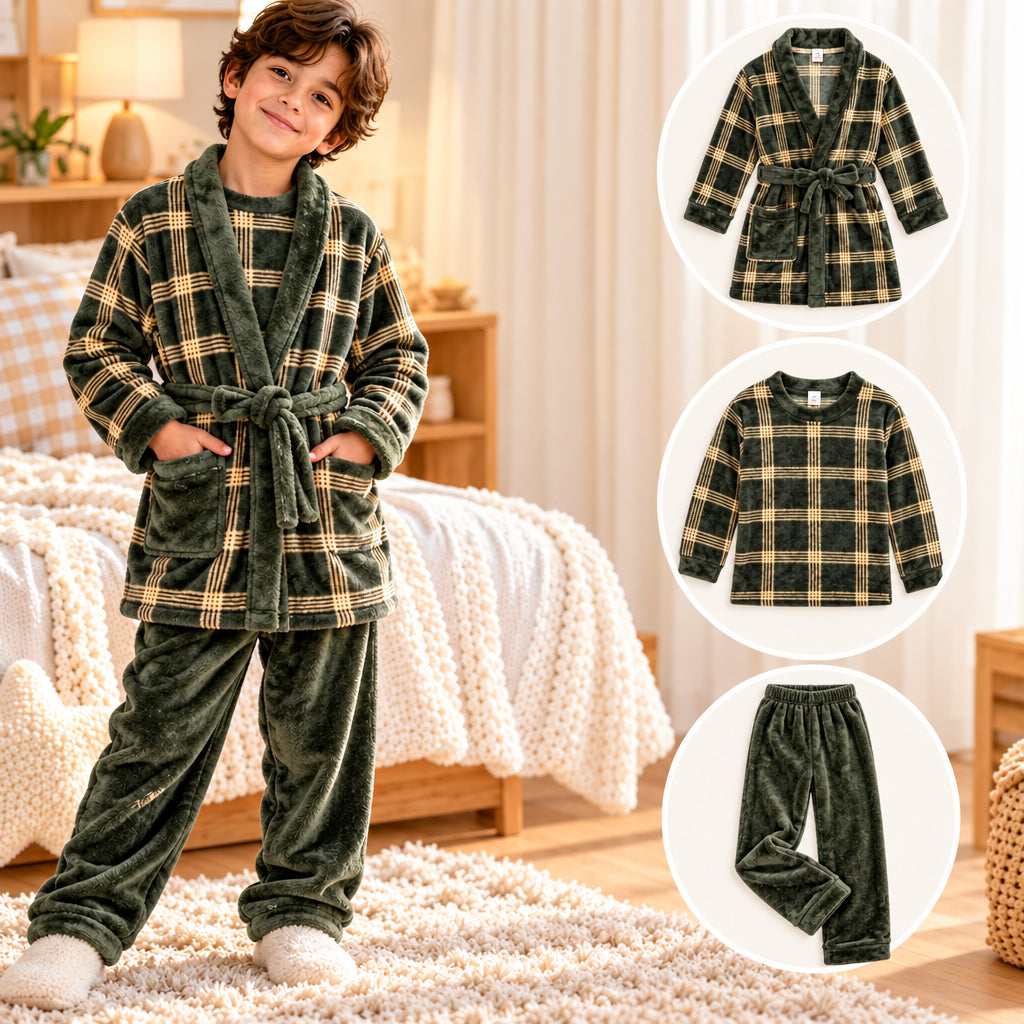 Olive plaid pyjama set shown with the robe, top and trousers laid out separately