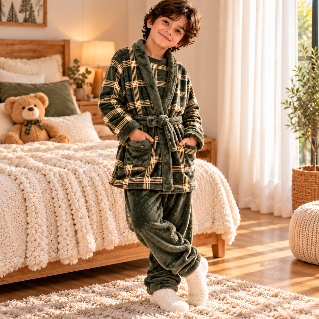 Boy in an olive plaid fleece robe with a tie belt, matching top and olive trousers
