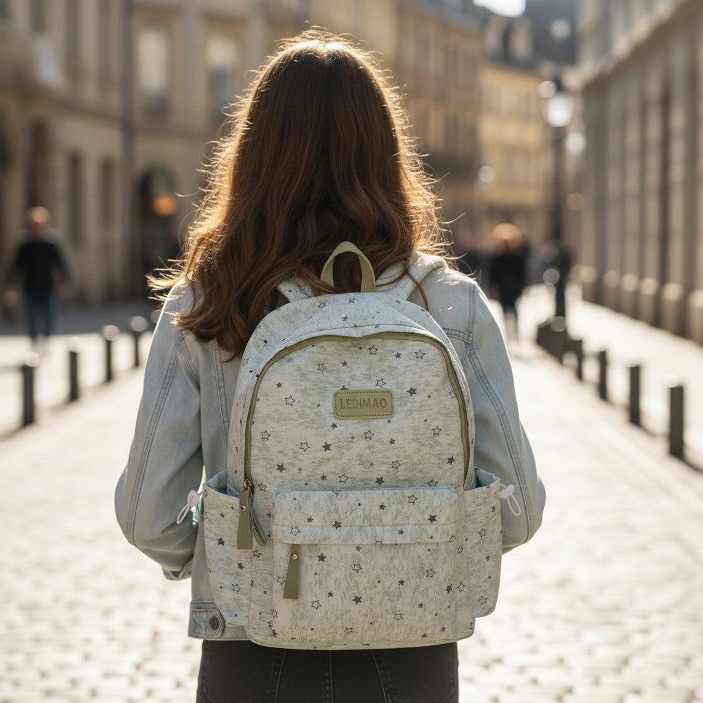 Cream girls school backpack with grey stars and olive green trim, Jack Gifts Online Lebanon