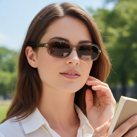 Womens translucent olive green rectangular sunglasses with gold stud detail, Jack Gifts Online Lebanon
