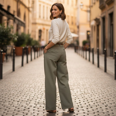 Woman in a white sweater and green pants standing on a cobbled street