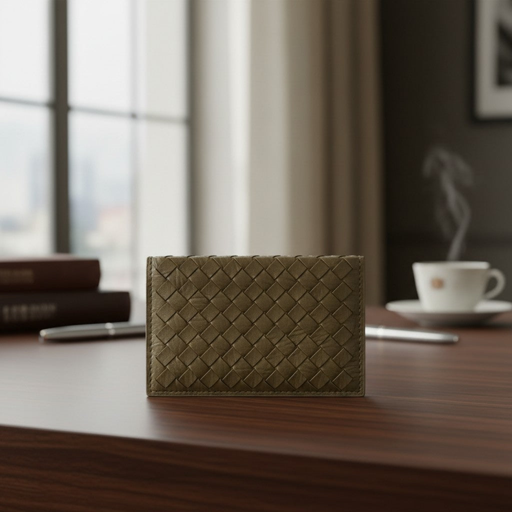 Woven green clutch on a desk with books and a cup in the background