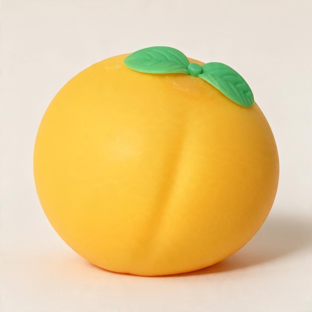 Round orange peach squishy with two green leaves and a soft centre crease