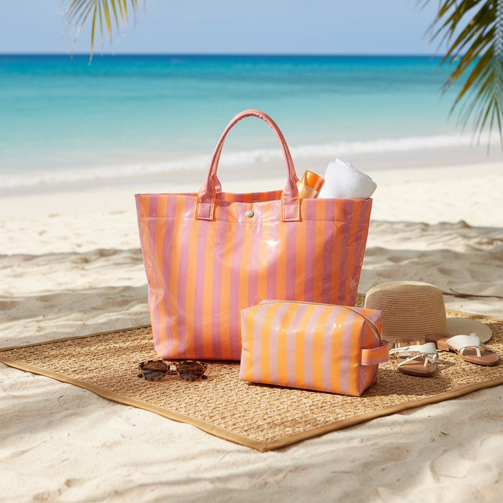 Orange striped beach tote and matching pouch set on the sand – Jack Gifts Online Lebanon