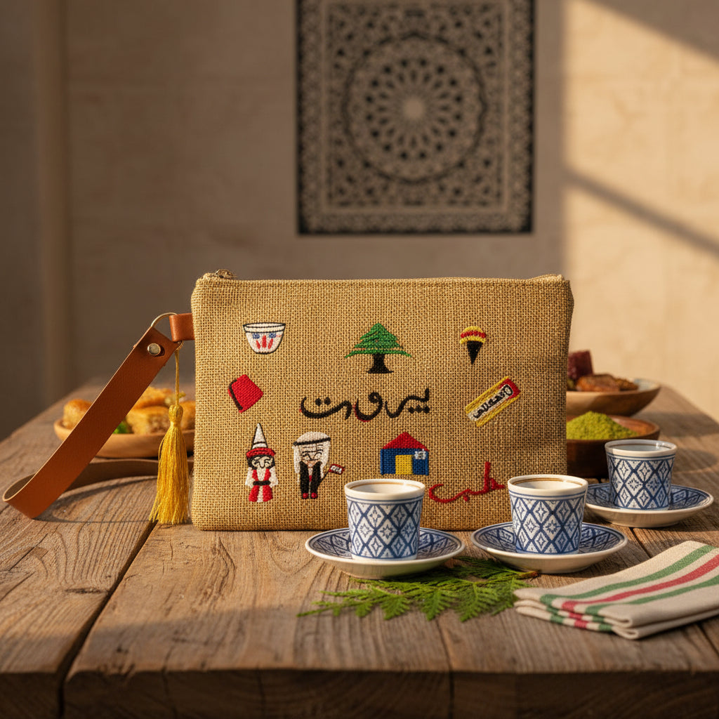 Jute pouch cross stitched with Beirut icons, a tarbouche, coffee cup and costumed figures