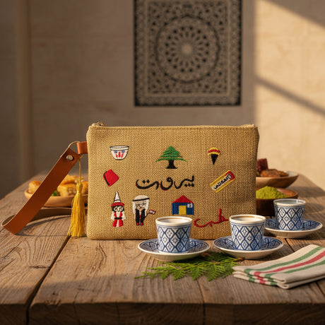 Jute pouch cross stitched with Beirut icons, a tarbouche, coffee cup and costumed figures