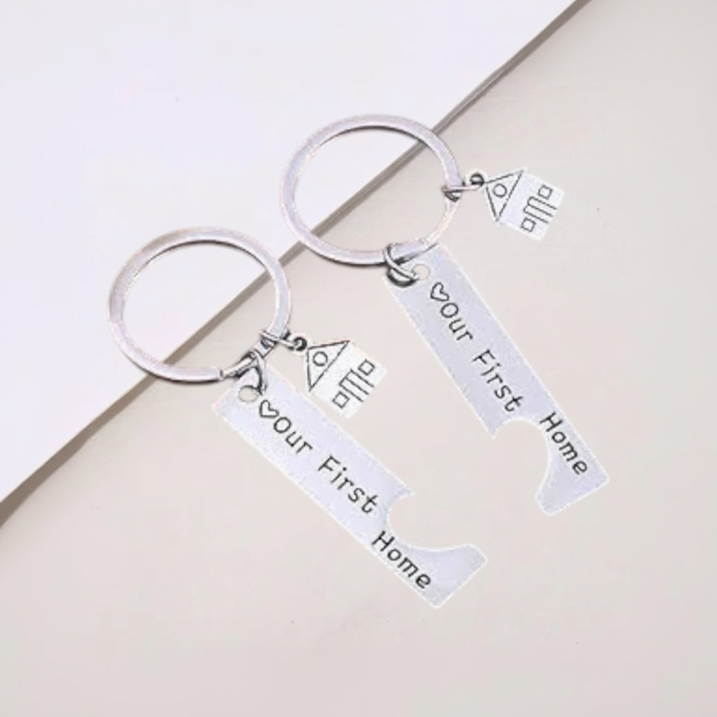 Our First Home keychain set with house charms