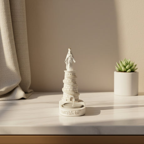 Our Lady of Lebanon tower statue set in a wide dish base with a ring shaped candle well