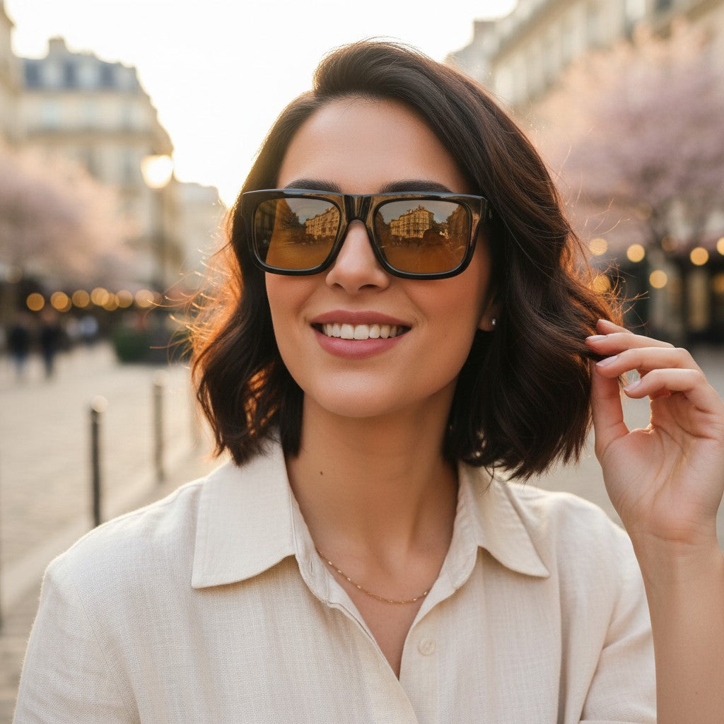 Womens oversized black flat top sunglasses with warm amber lenses, Jack Gifts Online Lebanon