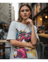 Woman wearing a white tshirt with a colorful graphic design in an urban setting