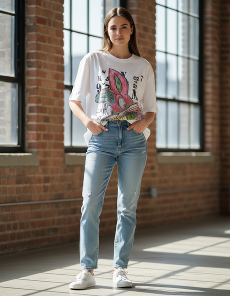 Woman wearing a graphic tshirt of Bugs Bunny and light blue jeans standing in a sunlit room 