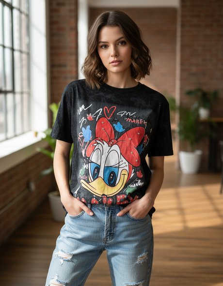 Woman wearing a black tshirt with a cartoon character design in a room with large windows and plants