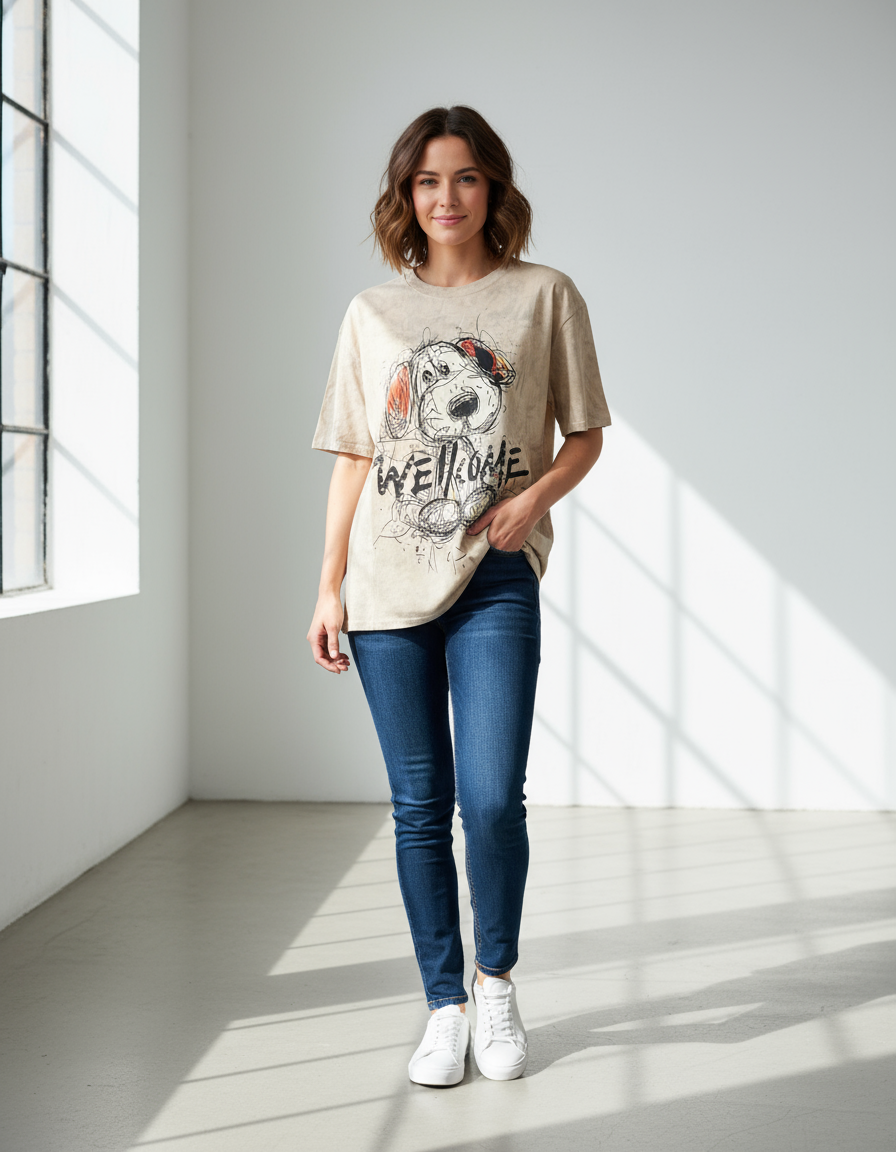 Woman wearing a beige tshirt with a dog graphic and text, blue jeans, and white sneakers in a bright room