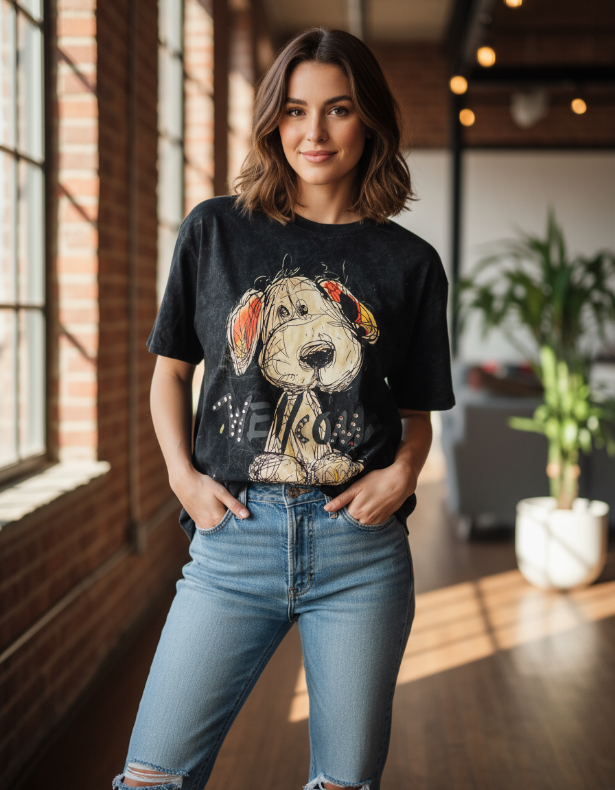Woman wearing a black tshirt with a dog graphic and blue jeans in a sunlit room