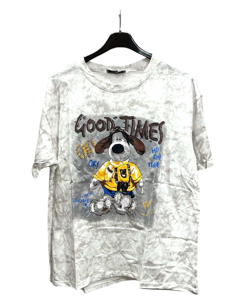 An oversized white tshirt with a graphic of a dog character and the text 'GOOD TIMES'
