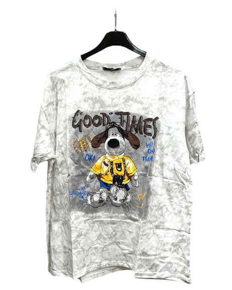 An oversized white tshirt with a graphic of a dog character and the text 'GOOD TIMES'