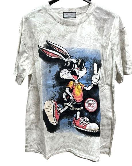 Oversized white tshirt with a colorful graphic of bugs bunny wearing sunglasses and a yellow shirt