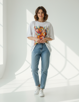 Woman wearing a graphic tshirt with Jerry and jeans standing in a bright, minimalistic room