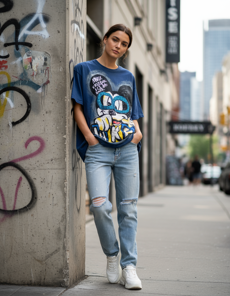 Woman wearing a graphic tshirt and ripped jeans standing against a graffiti covered wall in an urban setting