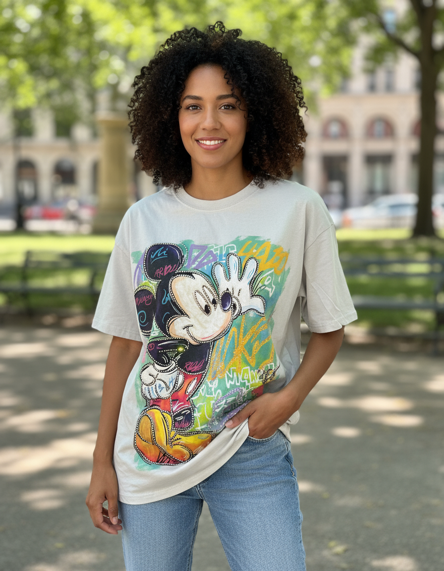 Person wearing a tshirt with a colorful graphic design of Mickey Mouse in an outdoor setting