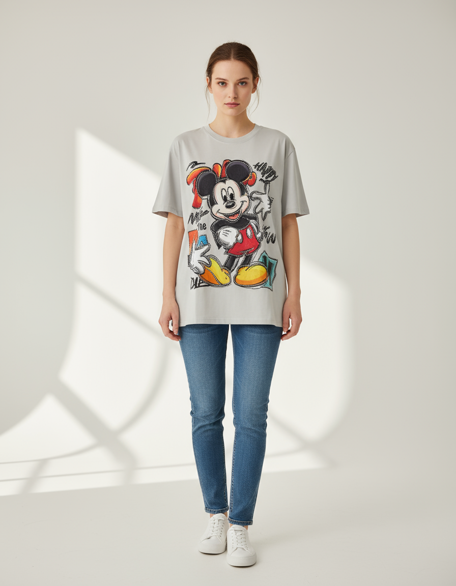 Person wearing a gray oversized tshirt with a Mickey Mouse graphic design on a white background