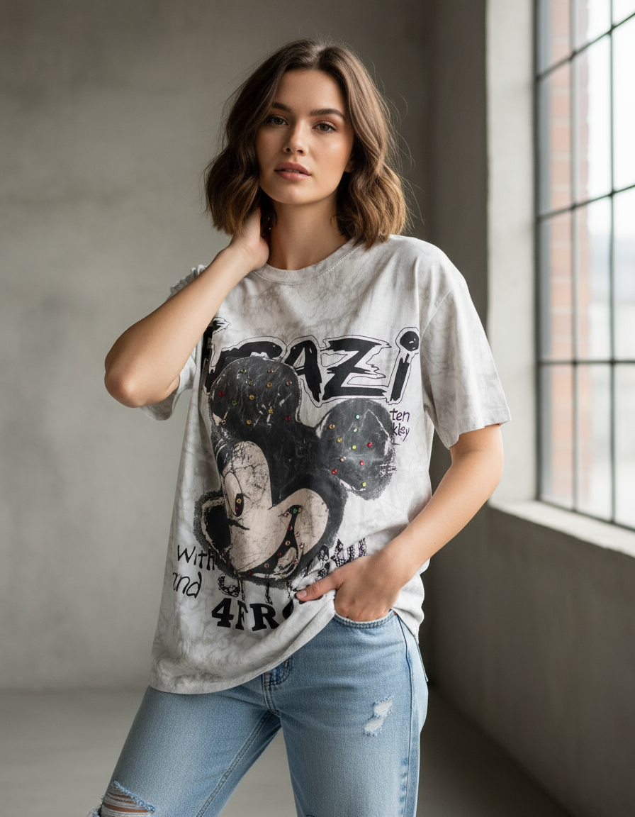 Woman wearing a graphic tshirt with text and design of Mickey Mouse, standing indoors near a window